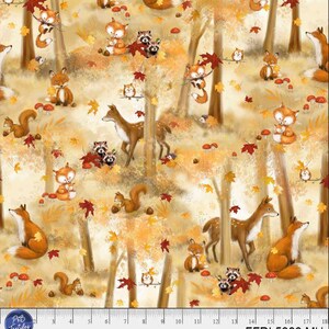 May include: A fabric pattern featuring a whimsical forest scene with foxes, deer, squirrels, raccoons, and owls. The design includes autumn leaves, mushrooms, and trees in shades of brown, orange, and yellow. The text "FFRI 5808 MU" is visible.