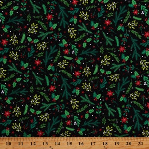 Cotton Holiday Foliage Holly Leaves Poinsettias Winter Patrick Lose Christmas Magic Black Cotton Fabric Print by the Yard D408.03