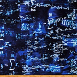 May include: A blue background with white mathematical equations and formulas. The equations are blurred and overlapping, creating a sense of motion. The background is a dark blue with a slight gradient to a lighter blue.