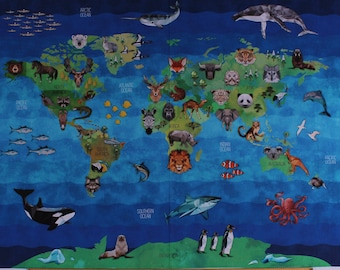 36" X 44" Panel Animals Around the World Zoo Animals Map Kids Geography Continents Oceans Zookeeper Cotton Fabric Panel (D775.82)