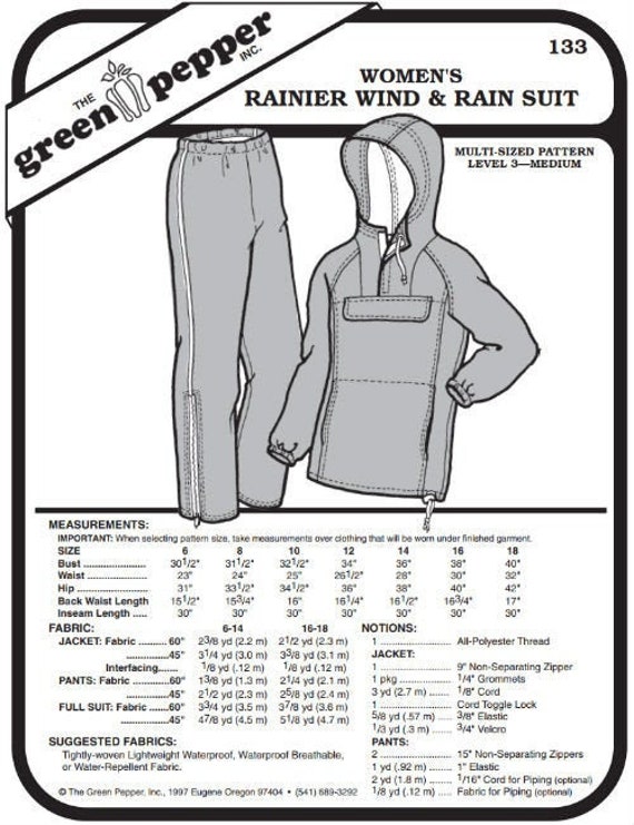 Womens’s Rainier Wind & Rain Suit Pattern - 133 - The Green Pepper Patterns Womens’s Rainier Wind & Rain Suit Pattern - 133 - The Green Pepper Patterns