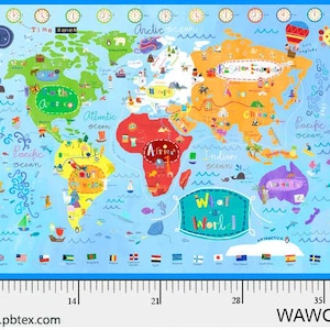 May include: A light blue fabric featuring a colorful world map design. The map includes continents, oceans, flags, and the text "What a World". Decorative elements include clocks, a hot air balloon, and a sun. The fabric has a ruler along the bottom.