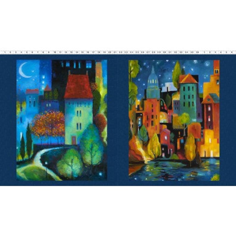 May include: Two colourful paintings of cityscapes at night. The paintings feature buildings with bright colours and a starry sky. The buildings are surrounded by trees and bushes. The paintings are set against a dark blue background.