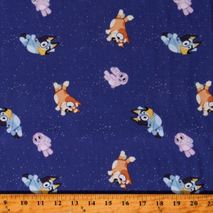 May include: A blue and orange cartoon dog character with a pink bunny character on a dark blue background with white stars. The characters are flying in the air.