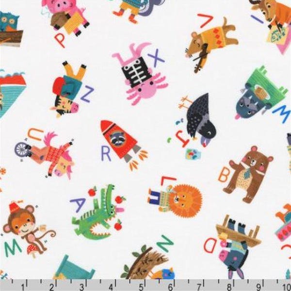 Cotton Alphabet Animals ABCs School Education Learning Kids Fun-2-3 Robert Kaufman Cotton Fabric Print by the Yard D686.26