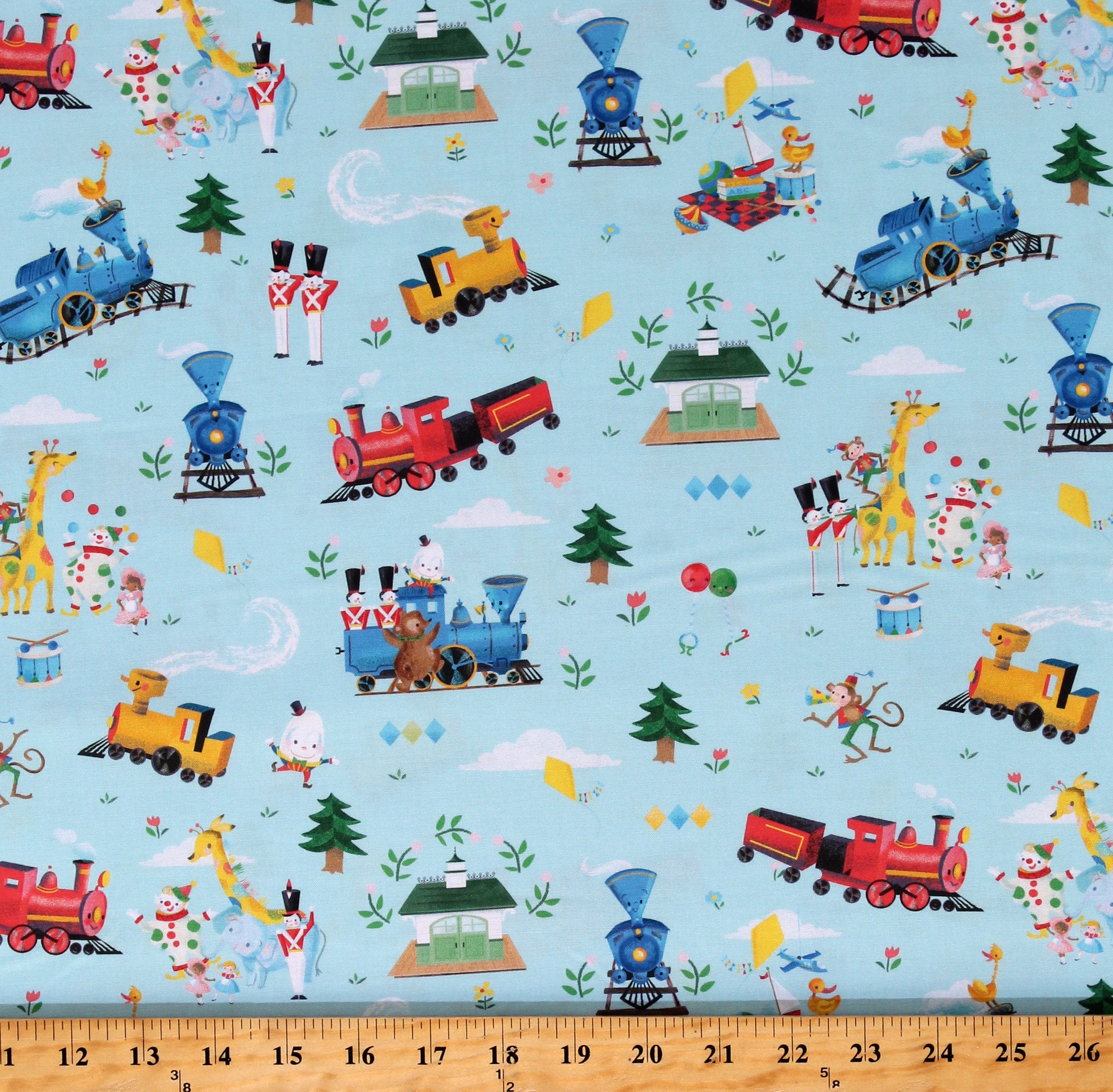 Cotton The Little Engine That Could Trains Blue Fabric Print by the Yard D471.52