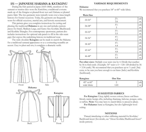 Folkwear 151 Japanese Hakama & Kataginu Sewing Pattern - Etsy Canada