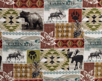 Cotton Cabin Life Patch Northwoods Camping Bears Moose Cotton Fabric Print by the Yard (DCX10726-MULT-D) D684.77