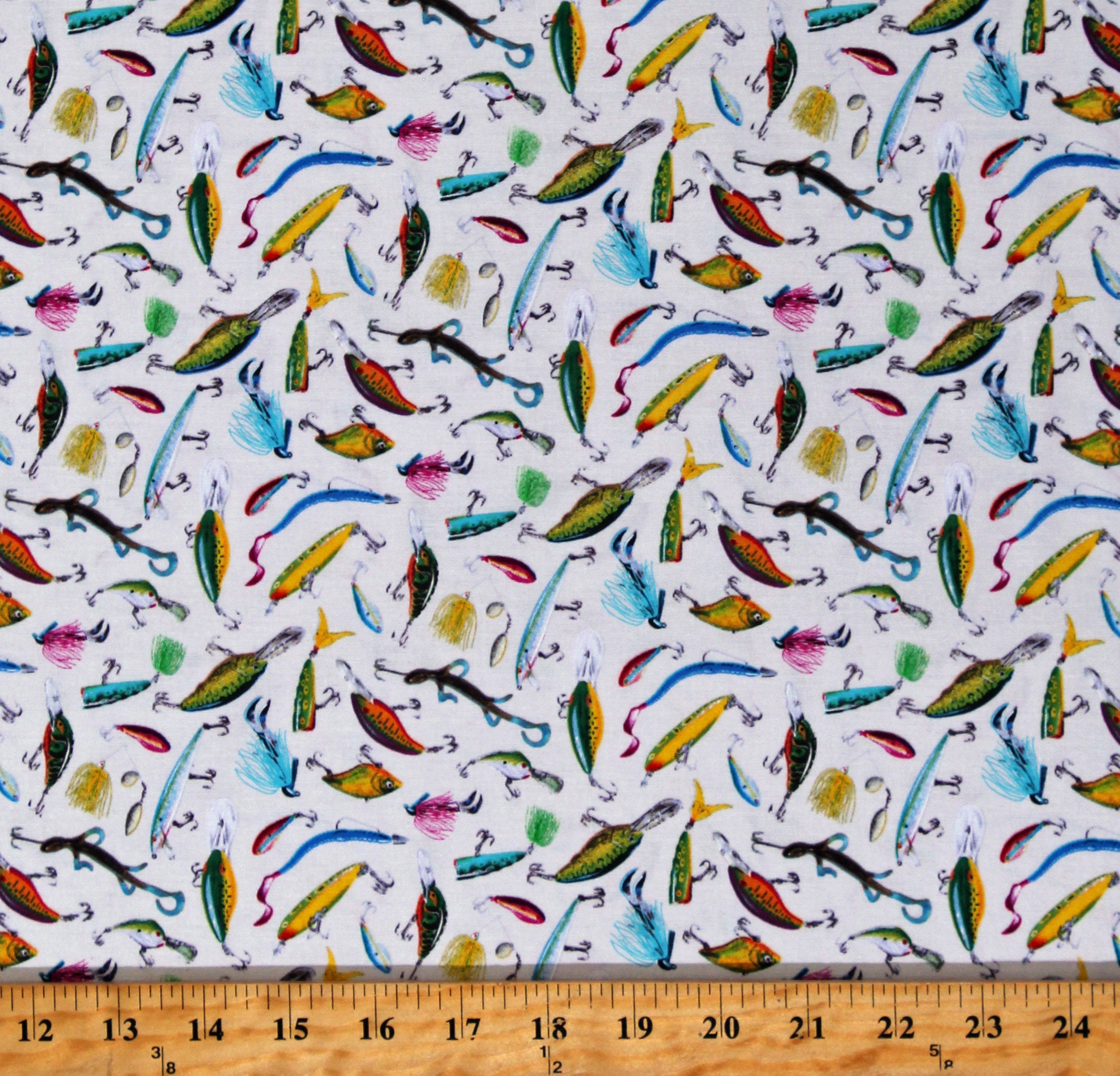 Cotton Fishing Lures Bait Hooks Top Rod Eggshell Fabric Print by Yard D682.77