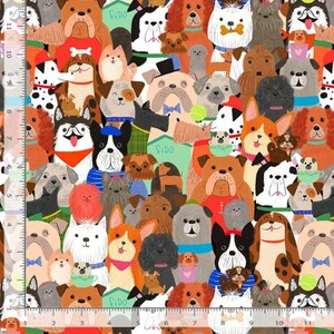 May include: A fabric print featuring a dense pattern of various dog breeds in multiple colors, including brown, white, black, and tan, with some dogs wearing accessories like hats and scarves, alongside a visible 11-inch measuring tape on the left.