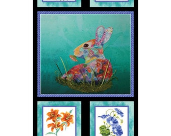 24" X 44" Panel Bunny in Bloom A Painted Garden Flowers Rabbit Springtime Cotton Fabric Panel (13395) D650.27 Benartex