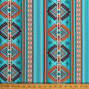 Cotton Southwestern Stripes Tribal Designs Dreamcatchers Feathers Tucson Turquoise Cotton Fabric Print by the Yard (536TURQUOISE) D462.79