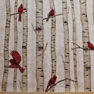 Cotton Woodsy Winter Cardinals Red Birds in Birch Trees Metallic Cotton Fabric Print by the Yard (L7325-20G-NATURAL-GOLD) D776.34
