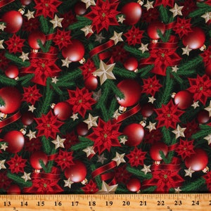Cotton Christmas Poinsettias Festive Branches Flowers Stars Red Cotton Fabric Print by the Yard (122166) D503.50