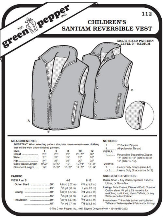 Kid’s Santiam Reversible Vest Pattern - 112 - The Green Pepper Patterns Kid’s Santiam Reversible Vest Pattern - 112 - The Green Pepper Patterns