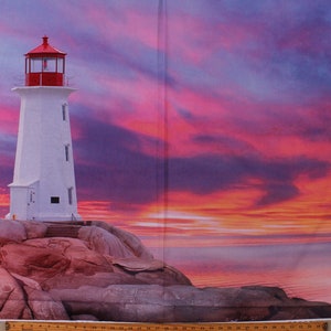 37&quot; X 44&quot; Panel Maritime Lighthouse Sunrise Purple Ocean Scenic Cotton Fabric Panel (131424) D388.67