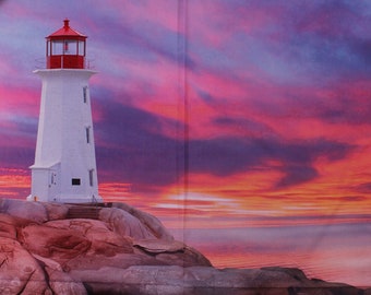37" X 44" Panel Maritime Lighthouse Sunrise Purple Ocean Scenic Cotton Fabric Panel (131424) D388.67