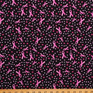 Cotton Breast Cancer Awareness Pink Ribbons on Black Cotton Fabric Print by the Yard (112788) D580.55