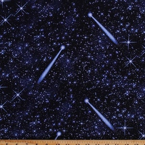 Cotton Shooting Stars Meteorites Meteors Shower Starry Night Sky Galaxy Celestial Natural Treasures 2 Blue Fabric Print by the Yard D578.33