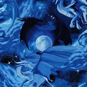 Cotton Blue Dragon Animals Magic Night Sky Skies Stars Moon Blue Cotton Fabric Print by the Yard (1795-7564) D651.22