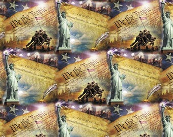 May include: A patriotic pattern featuring the Statue of Liberty, the Iwo Jima Memorial, and the text "We the People" over a parchment background. The design incorporates stars, a waving American flag, and a quill pen.