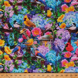Cotton Hydrangea Garden Birds Flowers Floral Hydrangeas Bluebirds Finches Lupine Jenie Lee Cotton Fabric Print by the Yard D691.22 Studio E