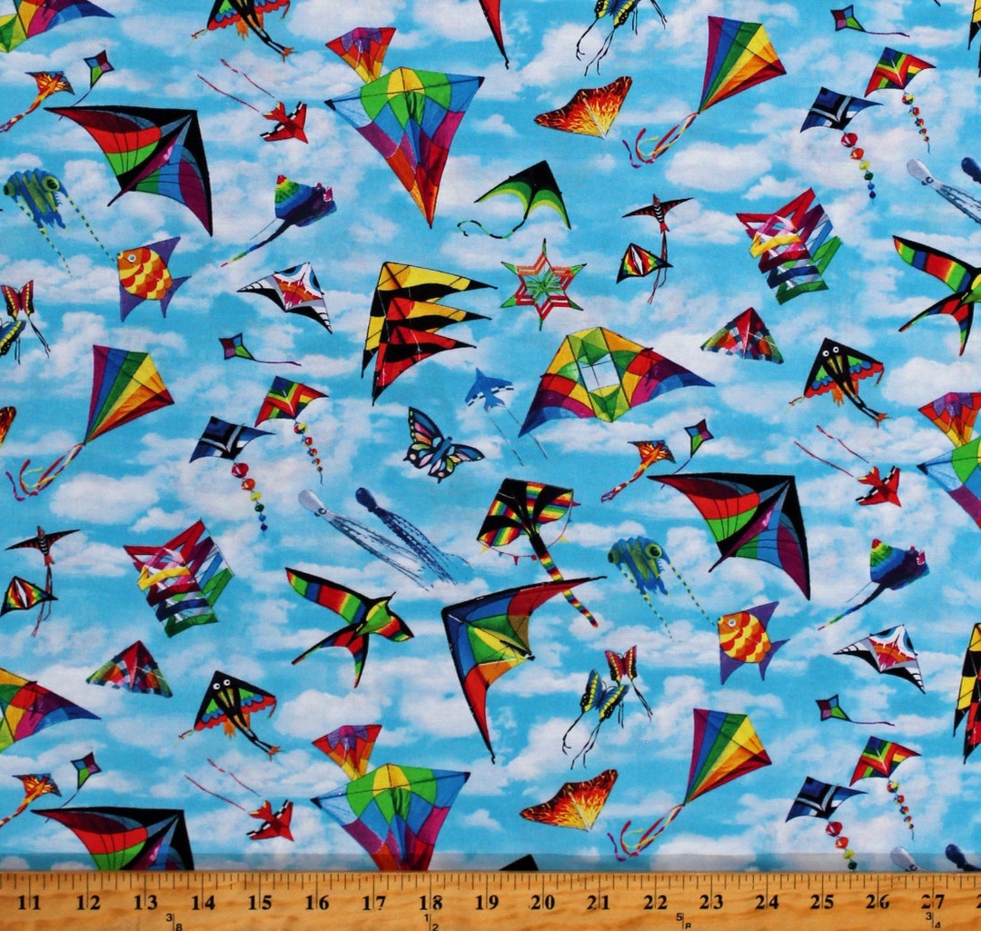 Cotton Kites Flying in the Sky Clouds Airplanes Butterflies in Motion Blue Cotton Fabric Print