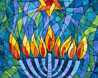 32" X 43" Panel Hanukkah Lights Menorah Stained Glass Look Mosaic Religious Northcott Blue Cotton Fabric Panel (DP28980-46) D503.74
