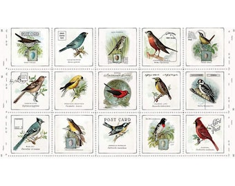 24" X 44" Panel Song Birds Patch Songbirds Postcards Birdwatching Art Journal Cream Cotton Fabric Panel (PD13032-Panel) D652.22 Riley Blake