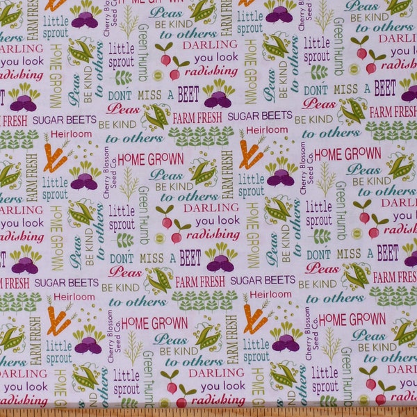 Cotton Vegetables Garden Puns Food Planted With Love Words of Seed White Cotton Fabric Print by the Yard (10152-09) D771.63