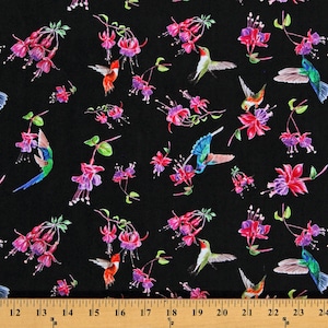 Cotton Hummingbirds Birds Flowers Nature Hummingbird Blossoms Black A Painted Garden Cotton Fabric Print by the Yard (13400-12) D689.78