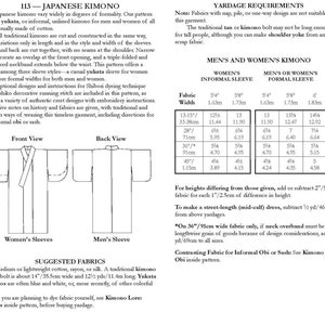 May include: A diagram showing the measurements for a traditional Japanese kimono, or yukata, for both men and women. The diagram includes the measurements for the fabric width, sleeve length, and overall length of the kimono. The diagram also includes a list of suggested fabrics for making a kimono.