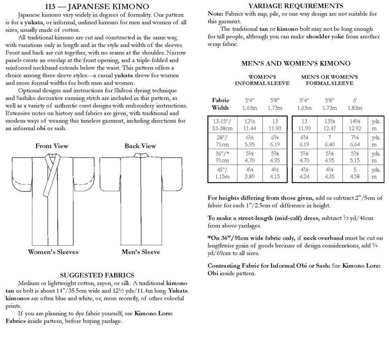 May include: A diagram showing the measurements for a traditional Japanese kimono, or yukata, for both men and women. The diagram includes the measurements for the fabric width, sleeve length, and overall length of the kimono. The diagram also includes a list of suggested fabrics for making a kimono.