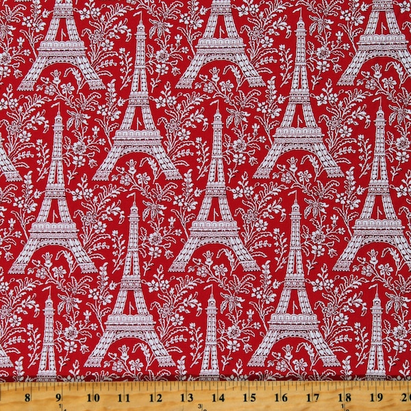 Cotton Eiffel Towers Paris France Travel Red Flowers Floral Cotton Fabric Print by the Yard (CX1248-ROUG-D) D657.46