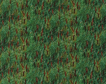 Cotton Cattails Bulrushes Grass Landscape Medley Nature Scenic Green Cotton Fabric Print by the Yard (424Green) D683.53