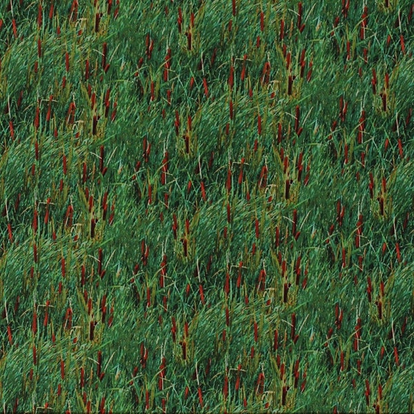 Cotton Cattails Bulrushes Grass Landscape Medley Nature Scenic Green Cotton Fabric Print by the Yard (424Green) D683.53