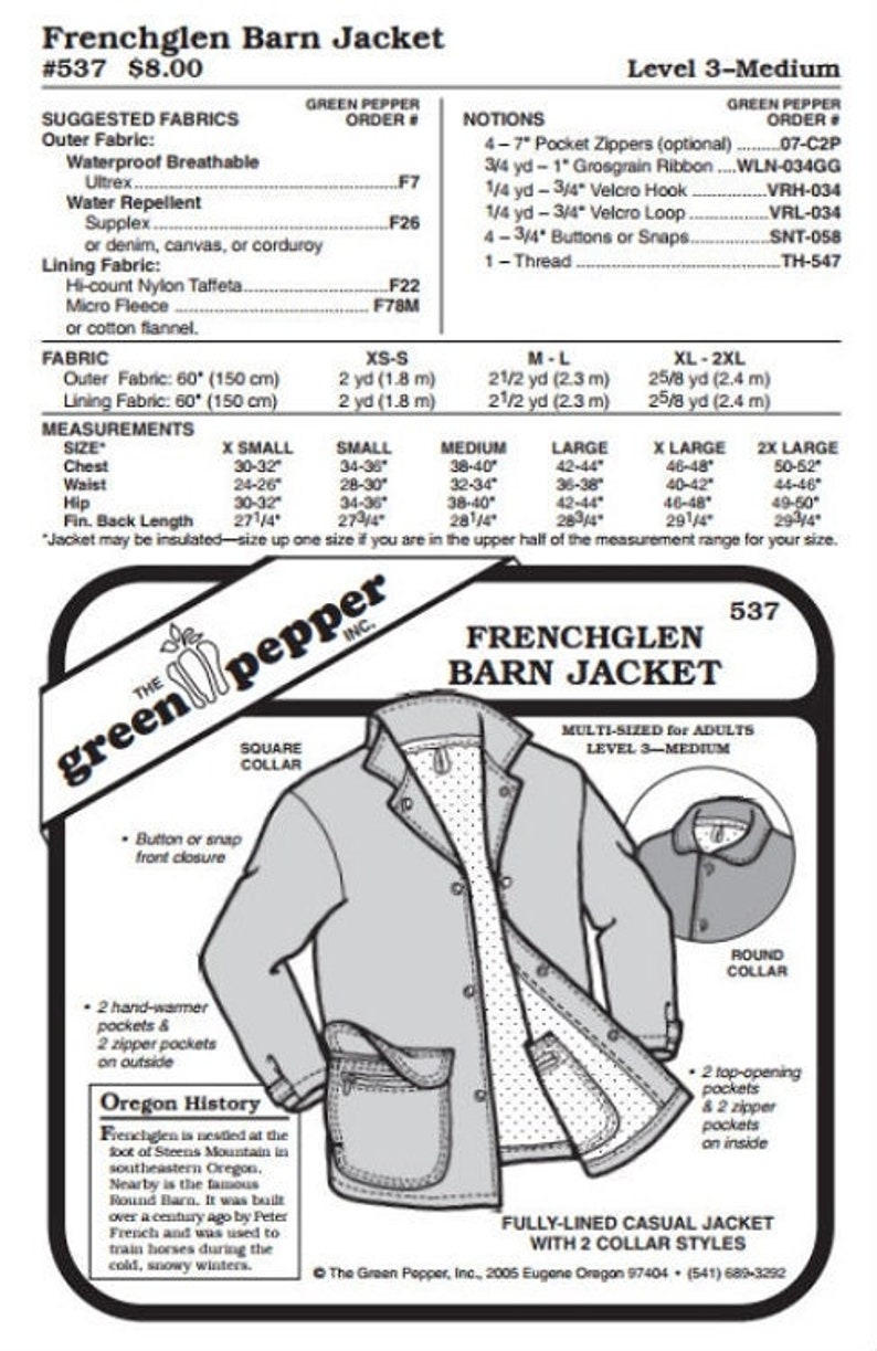 Adults Frenchglen Barn Jacket Coat Outerwear Cold Weather 537 Sewing Pattern Pattern Only gp537 image 1