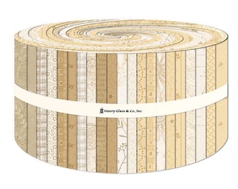 May include: A roll of fabric featuring a variety of beige and cream prints with text and patterns. The fabric is rolled up and tied with a white ribbon. The label reads "Henry Glass & Co., Inc."