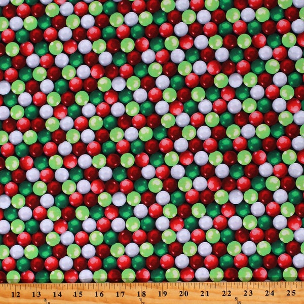 Cotton Festive Gumballs Gum Drops Christmas Candy Balls Candies Red Green White Holidays Cotton Fabric Print by the Yard (12783-99) D402.79