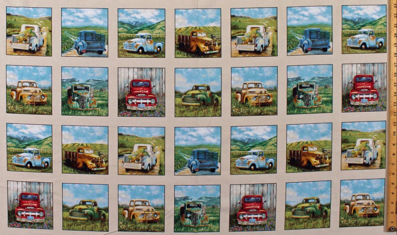 23.5" X 44" Panel Vintage Trucks Elizabeth's Studio Rusty Antique Vehicles Colorful Trucks Tan Cotton Fabric Panel (21000CREAM) D767.49