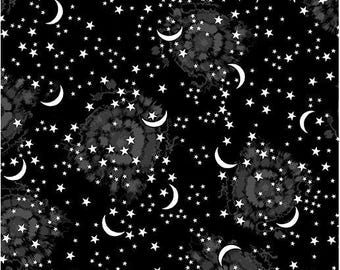 Cotton Starry Sky Black Happy Hauntings Glow in the Dark Stars Moons Night Sky Benartex Black Cotton Fabric Print by the Yard D776.03