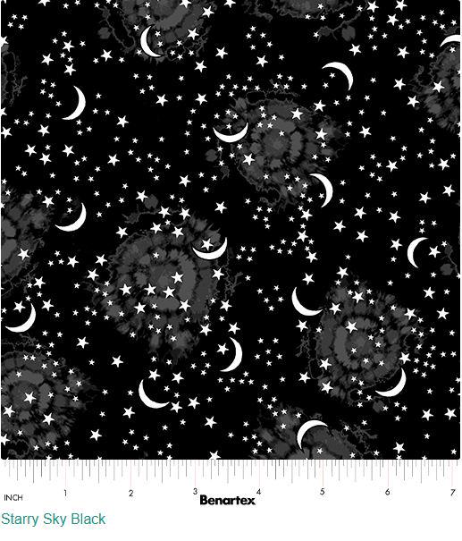 Cotton Starry Sky Black Happy Hauntings Glow in the Dark Stars Moons Night Sky Benartex Black Cotton Fabric Print by the Yard D776.03