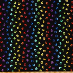 Cotton Paw Prints Cat Kittens Kitty Pets Rainbow Prints on Black Cotton Fabric Print by the Yard (CAT-C8586-BLACK) D386.30