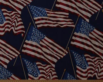 Cotton American Flags on Blue Patriotic Flag Old Glory Stars and Stripes America USA Fourth of July Cotton Fabric Print by the Yard D305.05
