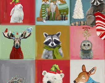 Cotton Holly Woods Animals Winter Squares Holidays Studio E Fabrics Cotton Fabric Print by the Yard (9237-107) D411.23