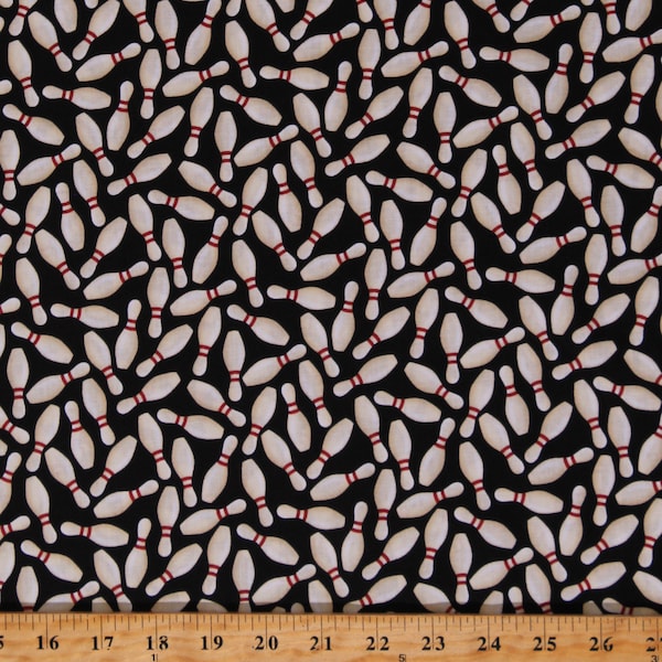 Cotton Rock 'N Bowl Bowling Pins Equipment Sports Activity Activities Black Cotton Fabric Print by the Yard (2189-99) D672.92