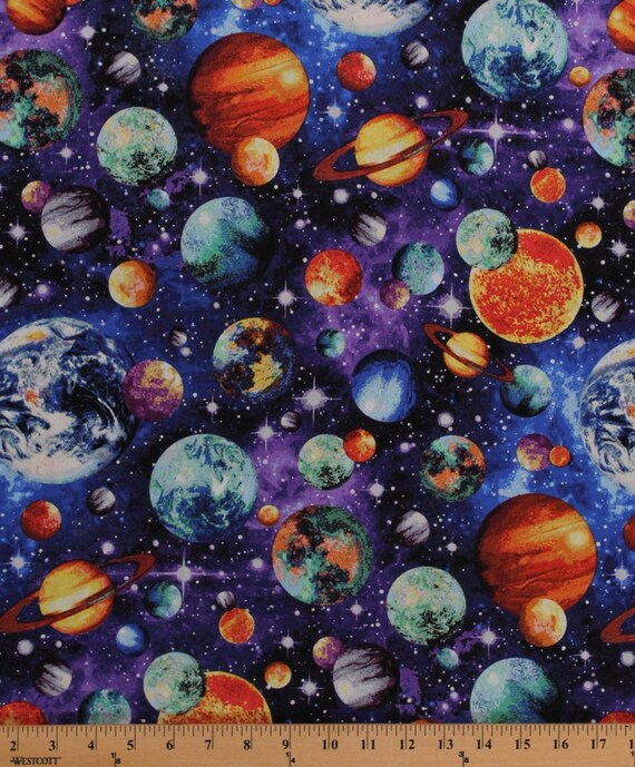 Cotton Planets Outer Space Solar System Galaxy Universe Earth Jupiter Mars Saturn Neptune Stars Astronomy Fabric Print By The Yard D36808