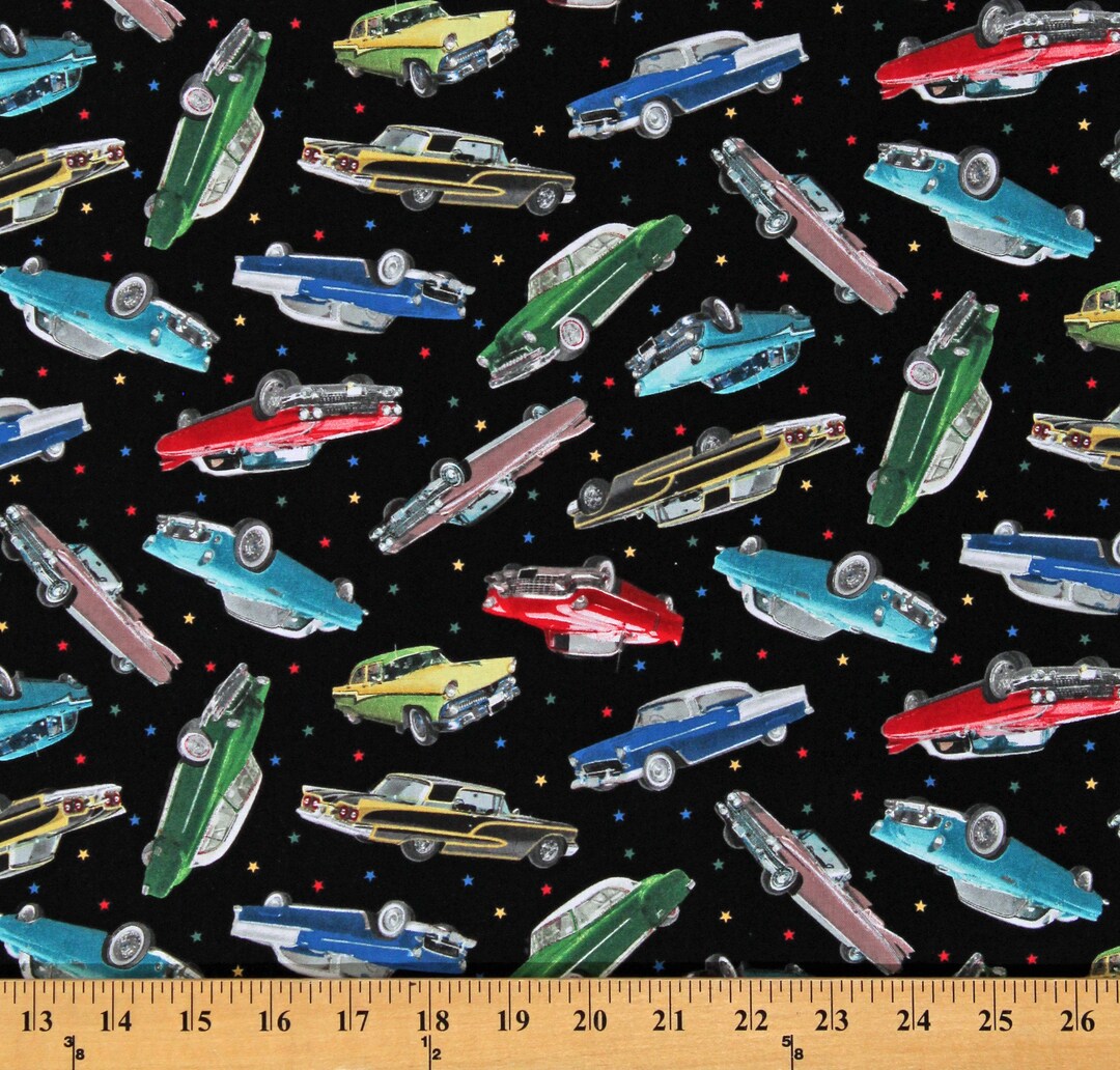 Cotton Classic Cars Vehicles Automobiles Transportation in Motion Black