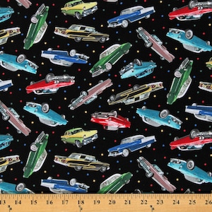 Cotton Classic Cars Vehicles Automobiles Transportation In Motion Black Cotton Fabric Print by the Yard (672BLACK) D576.58