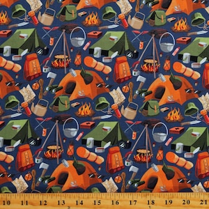 May include: A blue fabric with a repeating pattern of camping gear, including tents, campfires, axes, and sleeping bags.